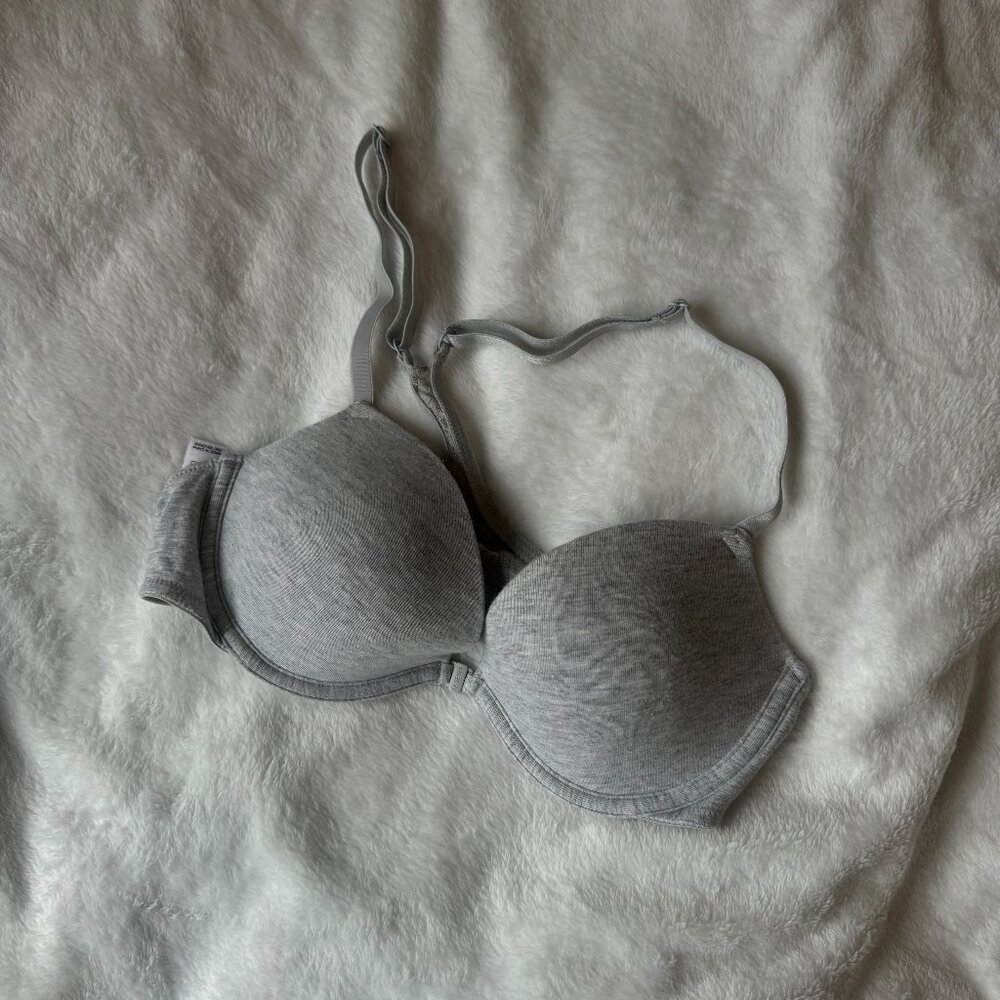 grey racerback bra with front clasp